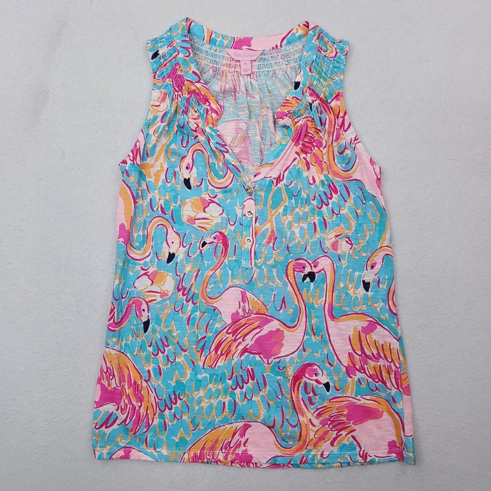 Lilly Pulitzer‎ Shirt Womens XS Blue Pink Flamingo Essie Top Tank Tunic Colorful